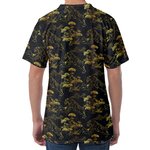 Black And Gold Japanese Tiger Print Men's Velvet T-Shirt