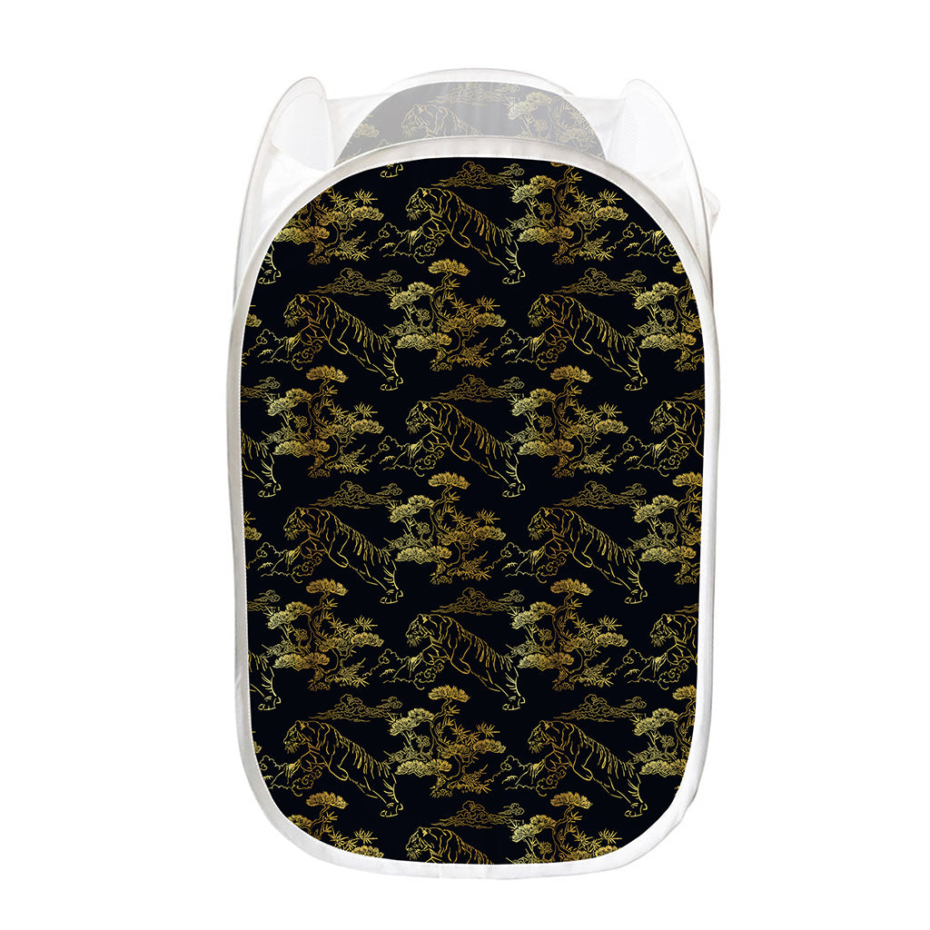 Black And Gold Japanese Tiger Print Mesh Laundry Hamper