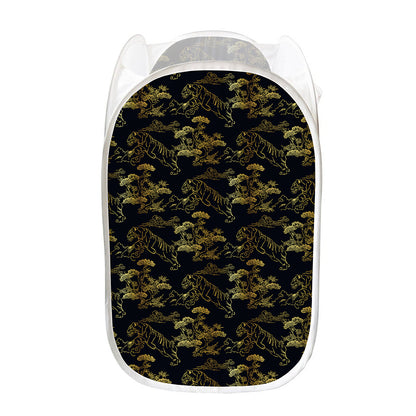 Black And Gold Japanese Tiger Print Mesh Laundry Hamper