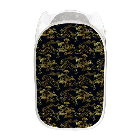 Black And Gold Japanese Tiger Print Mesh Laundry Hamper