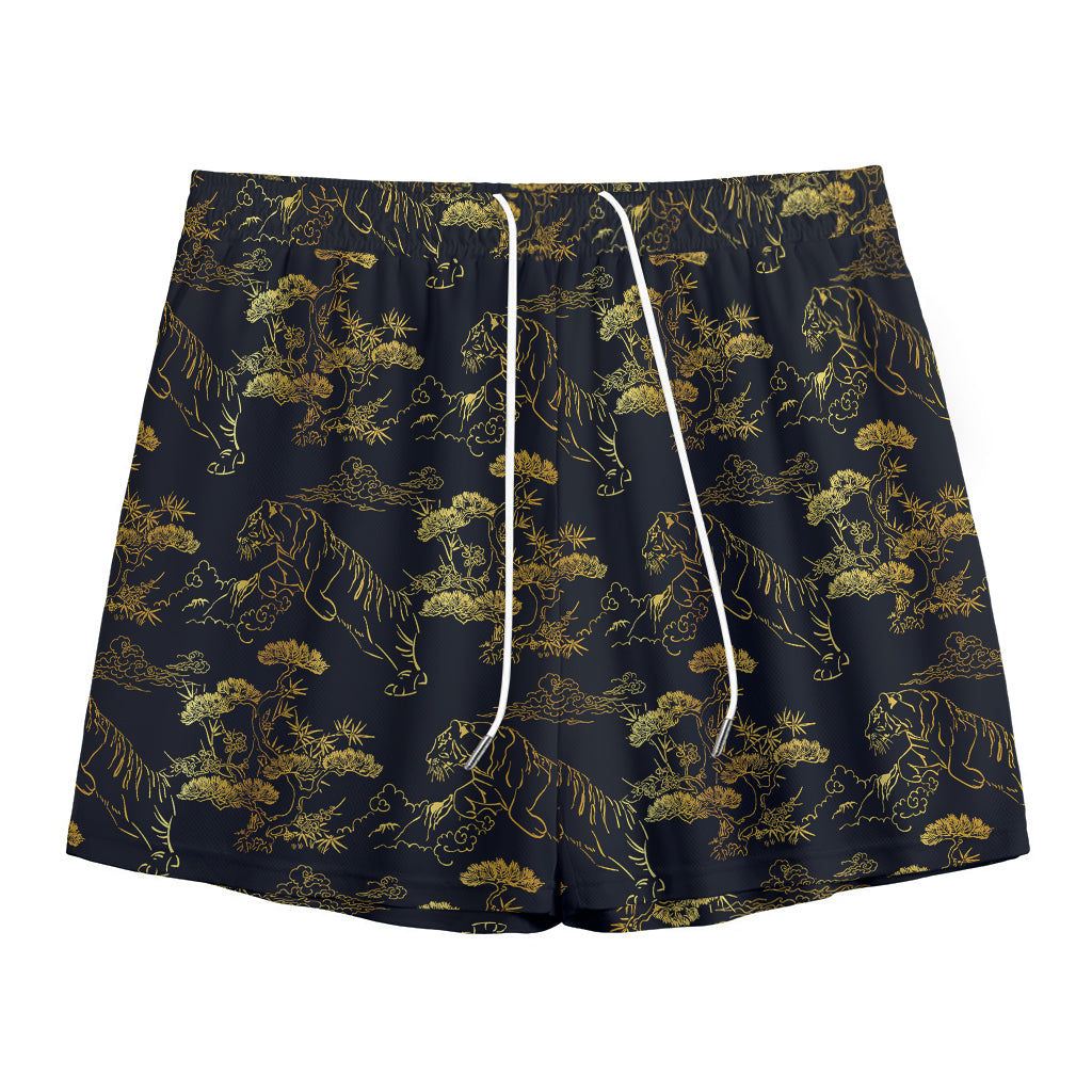 Black And Gold Japanese Tiger Print Mesh Shorts