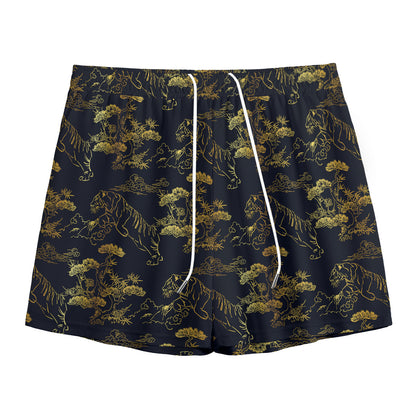 Black And Gold Japanese Tiger Print Mesh Shorts