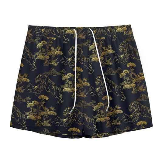 Black And Gold Japanese Tiger Print Mesh Shorts