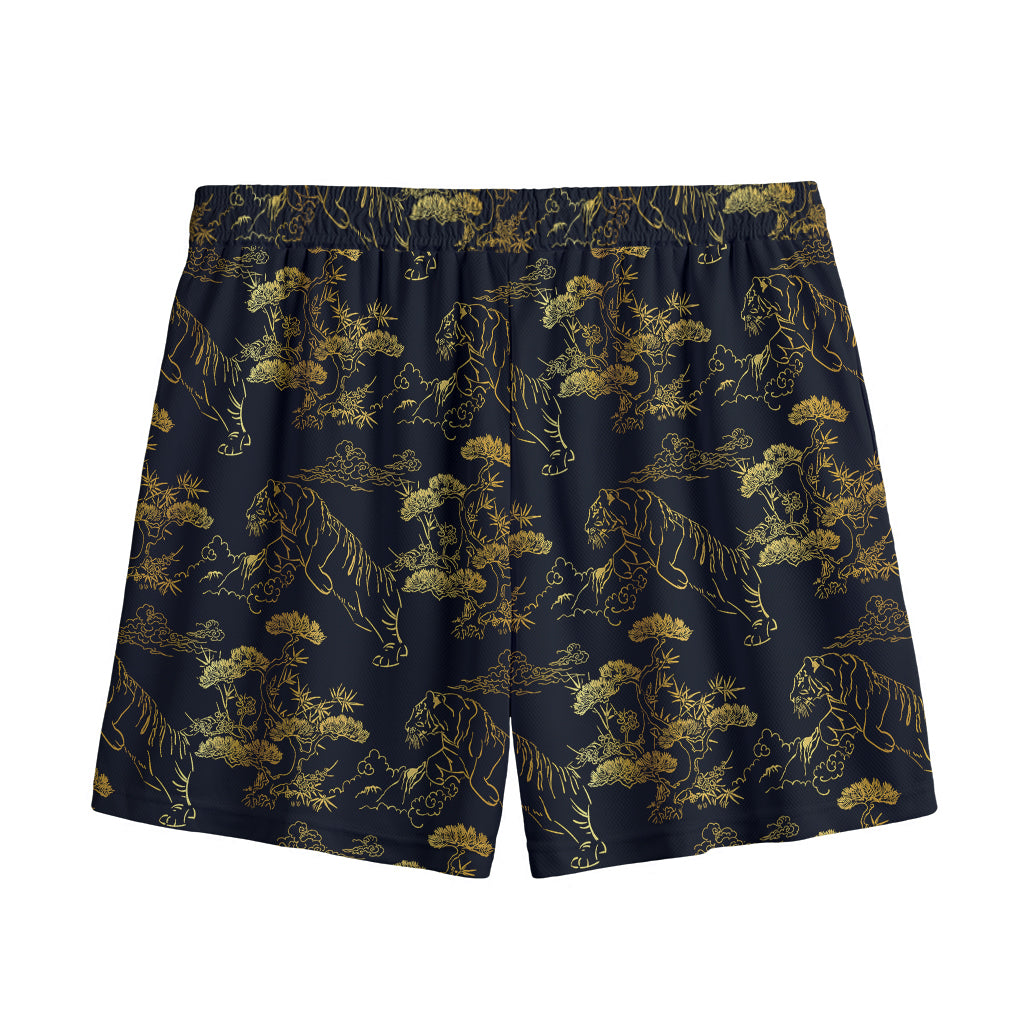 Black And Gold Japanese Tiger Print Mesh Shorts