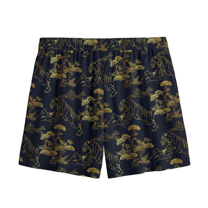 Black And Gold Japanese Tiger Print Mesh Shorts