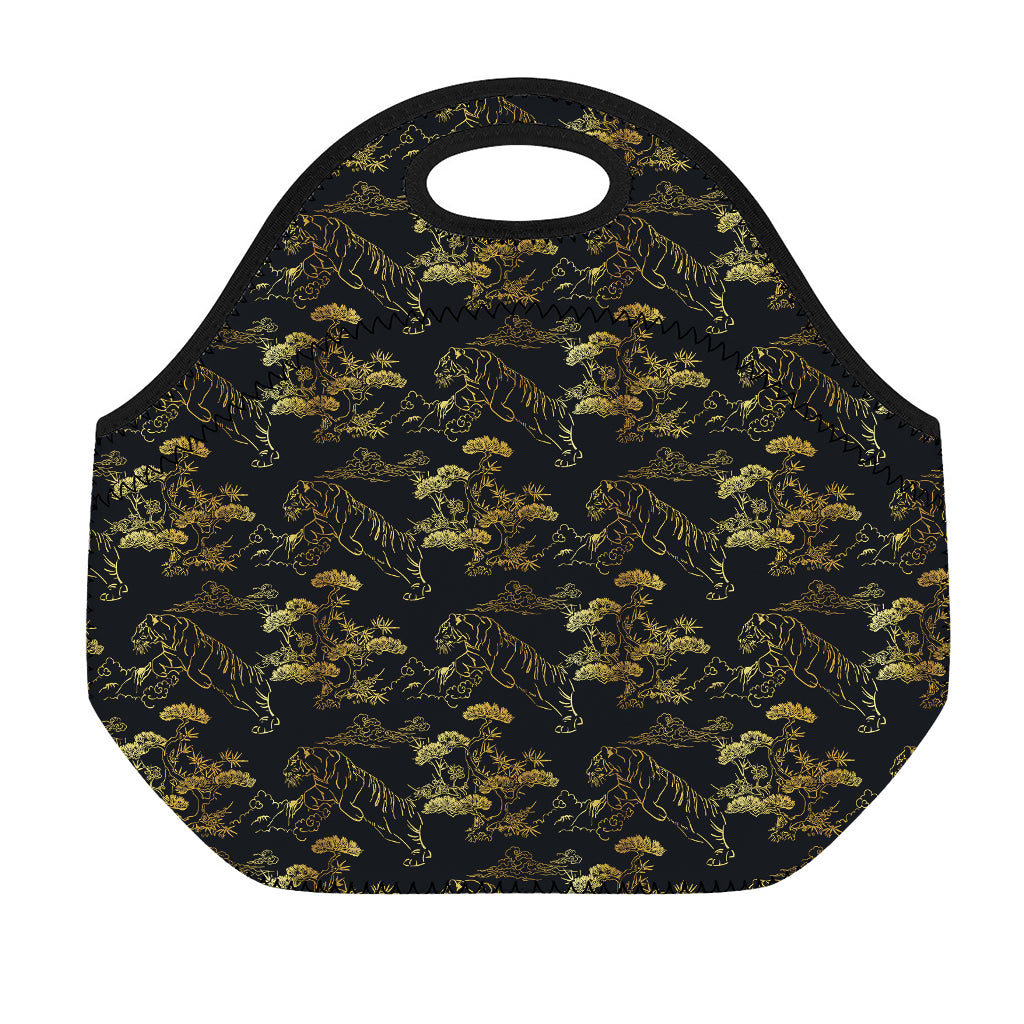 Black And Gold Japanese Tiger Print Neoprene Lunch Bag