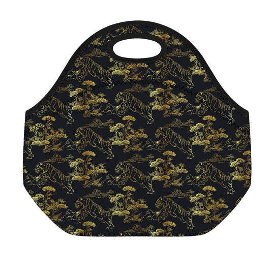 Black And Gold Japanese Tiger Print Neoprene Lunch Bag