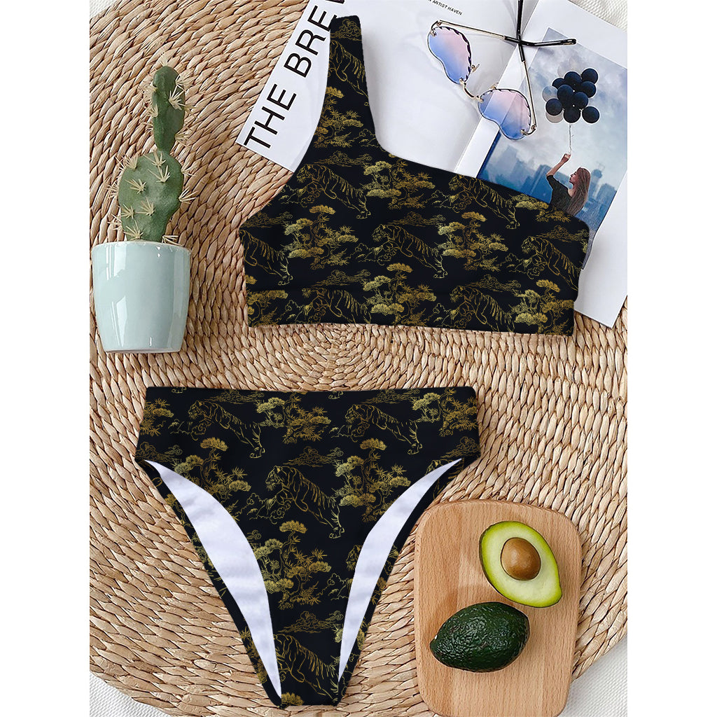 Black And Gold Japanese Tiger Print One Shoulder Bikini Top