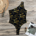 Black And Gold Japanese Tiger Print One Shoulder Bodysuit