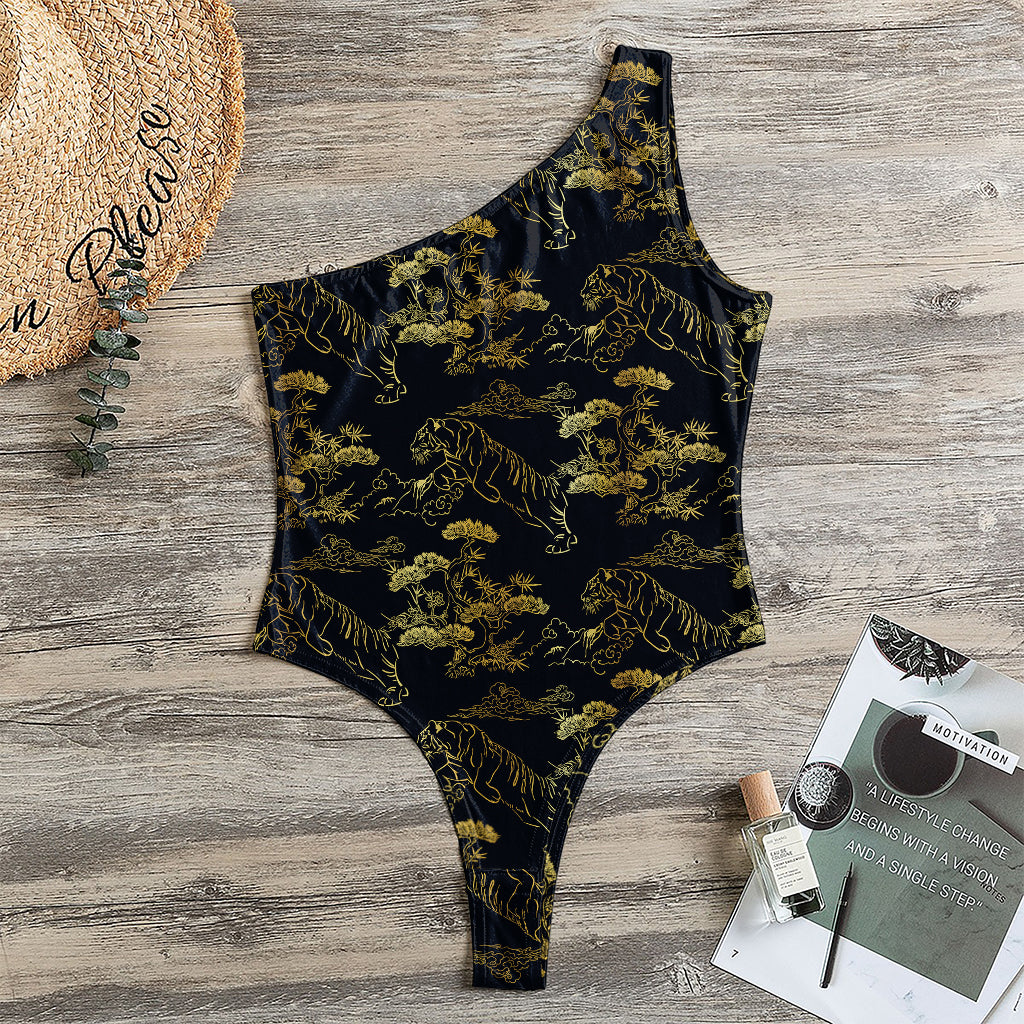 Black And Gold Japanese Tiger Print One Shoulder Bodysuit