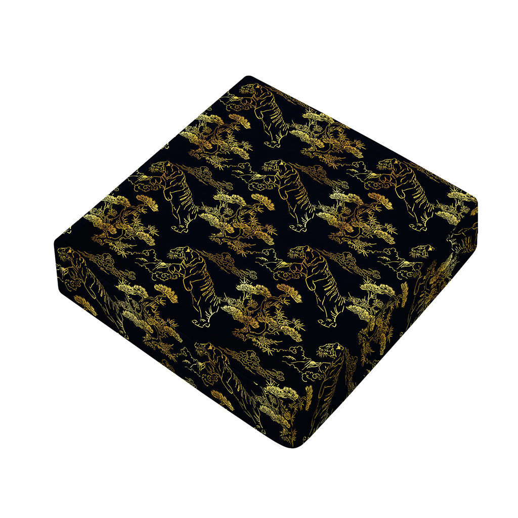 Black And Gold Japanese Tiger Print Outdoor Seat Cushion Cover