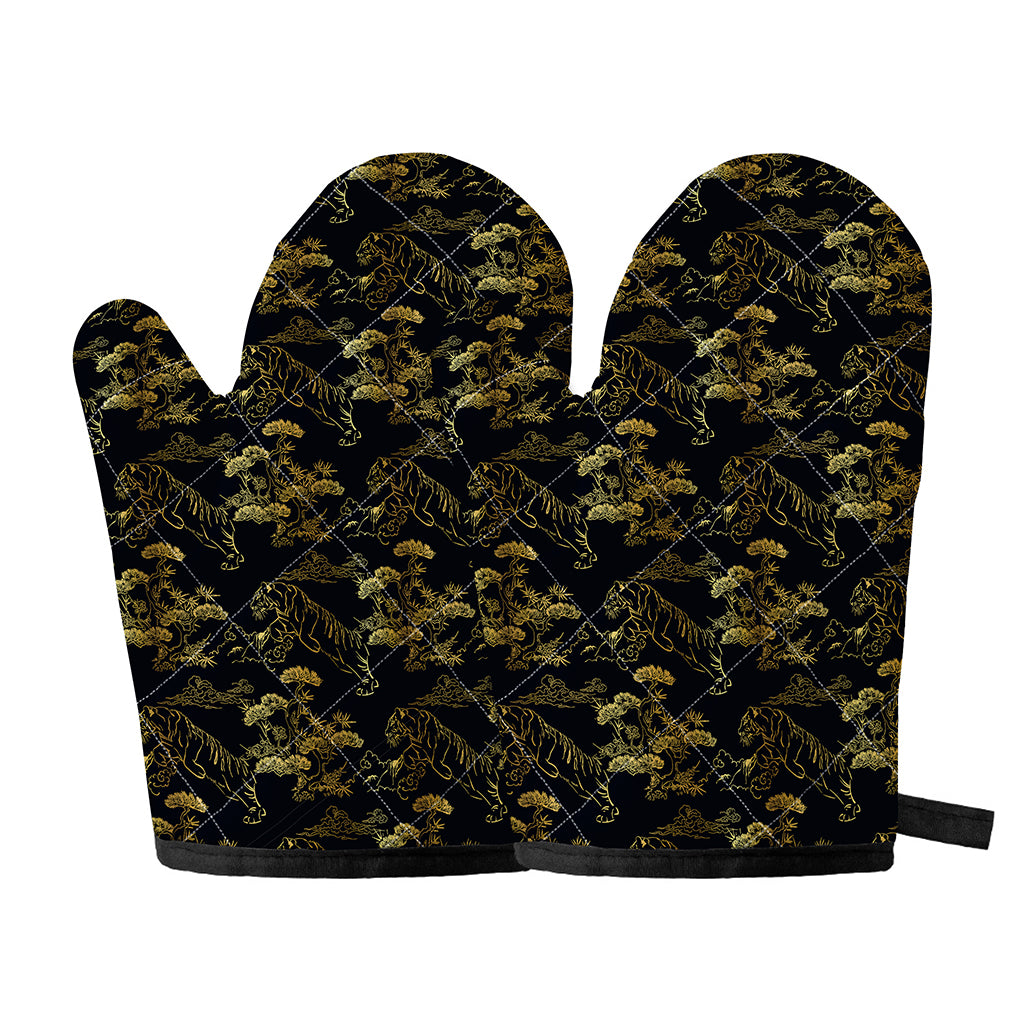 Black And Gold Japanese Tiger Print Oven Mitts