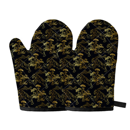 Black And Gold Japanese Tiger Print Oven Mitts