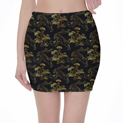 Black And Gold Japanese Tiger Print Pencil Mini Skirt