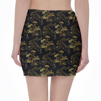 Black And Gold Japanese Tiger Print Pencil Mini Skirt