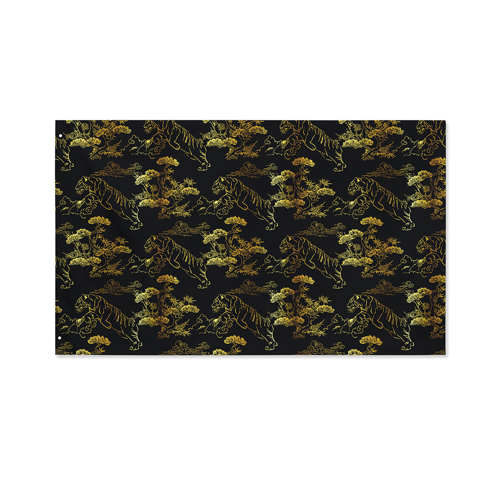 Black And Gold Japanese Tiger Print Polyester Flag