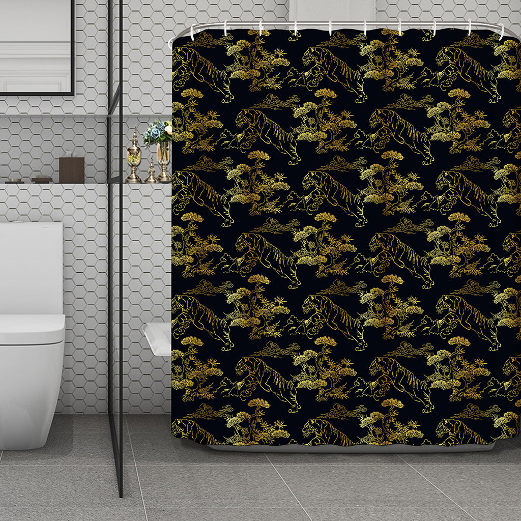 Black And Gold Japanese Tiger Print Polyester Shower Curtain