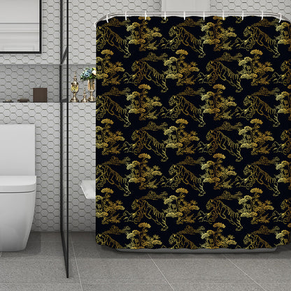 Black And Gold Japanese Tiger Print Polyester Shower Curtain