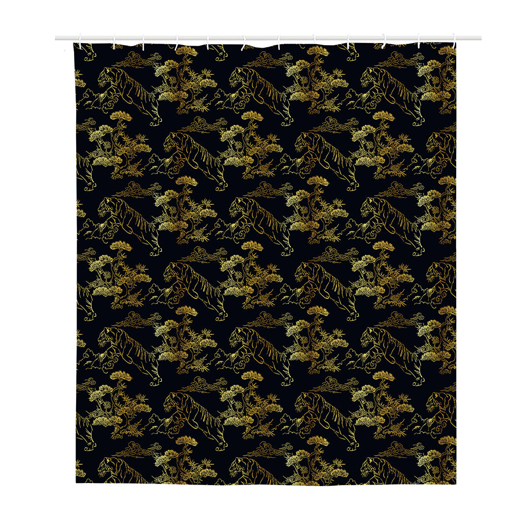 Black And Gold Japanese Tiger Print Polyester Shower Curtain