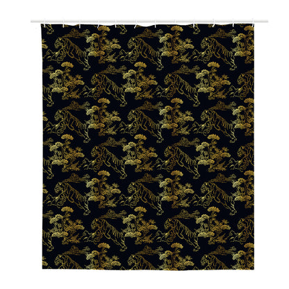 Black And Gold Japanese Tiger Print Polyester Shower Curtain