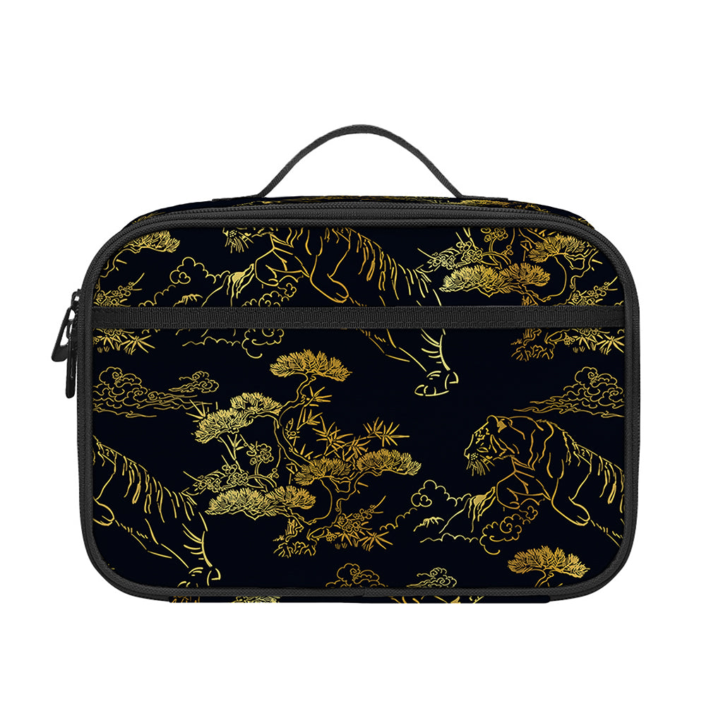 Black And Gold Japanese Tiger Print Portable Lunch Bag