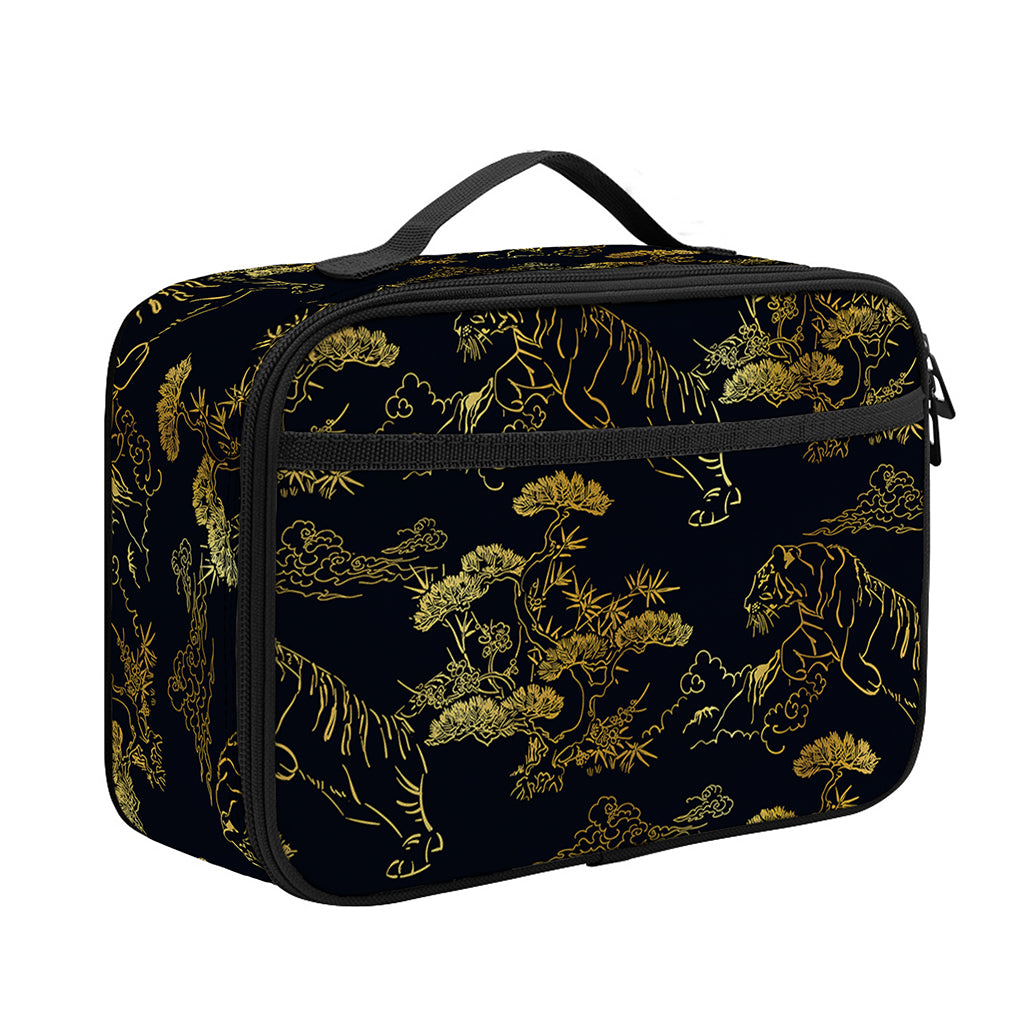 Black And Gold Japanese Tiger Print Portable Lunch Bag
