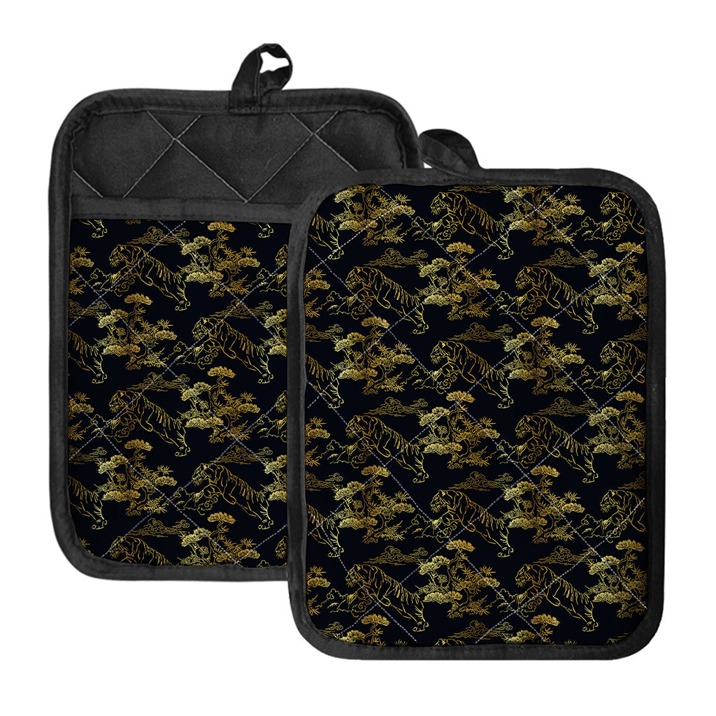 Black And Gold Japanese Tiger Print Pot Holders With Pocket