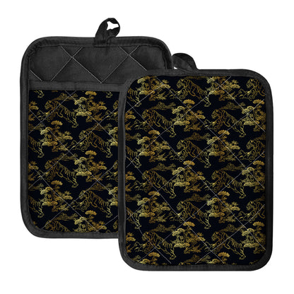 Black And Gold Japanese Tiger Print Pot Holders With Pocket