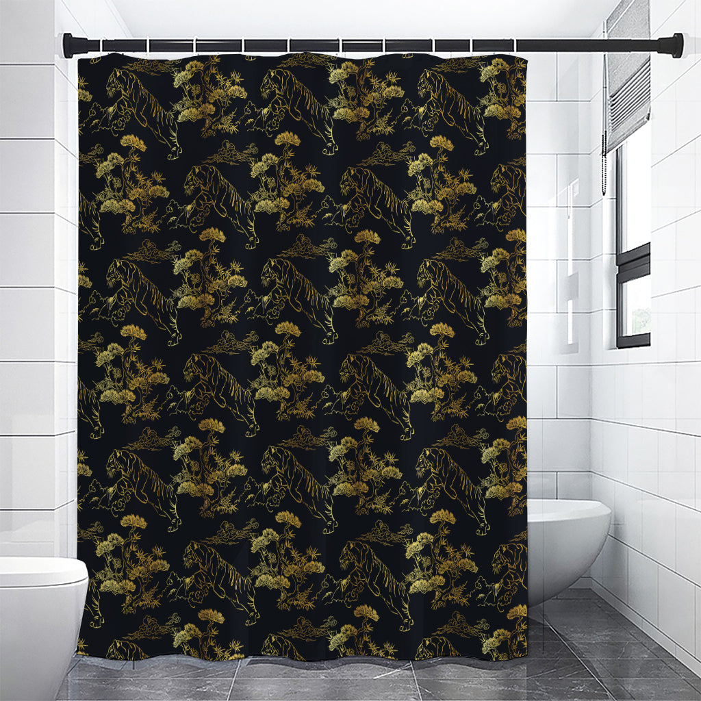Black And Gold Japanese Tiger Print Premium Shower Curtain