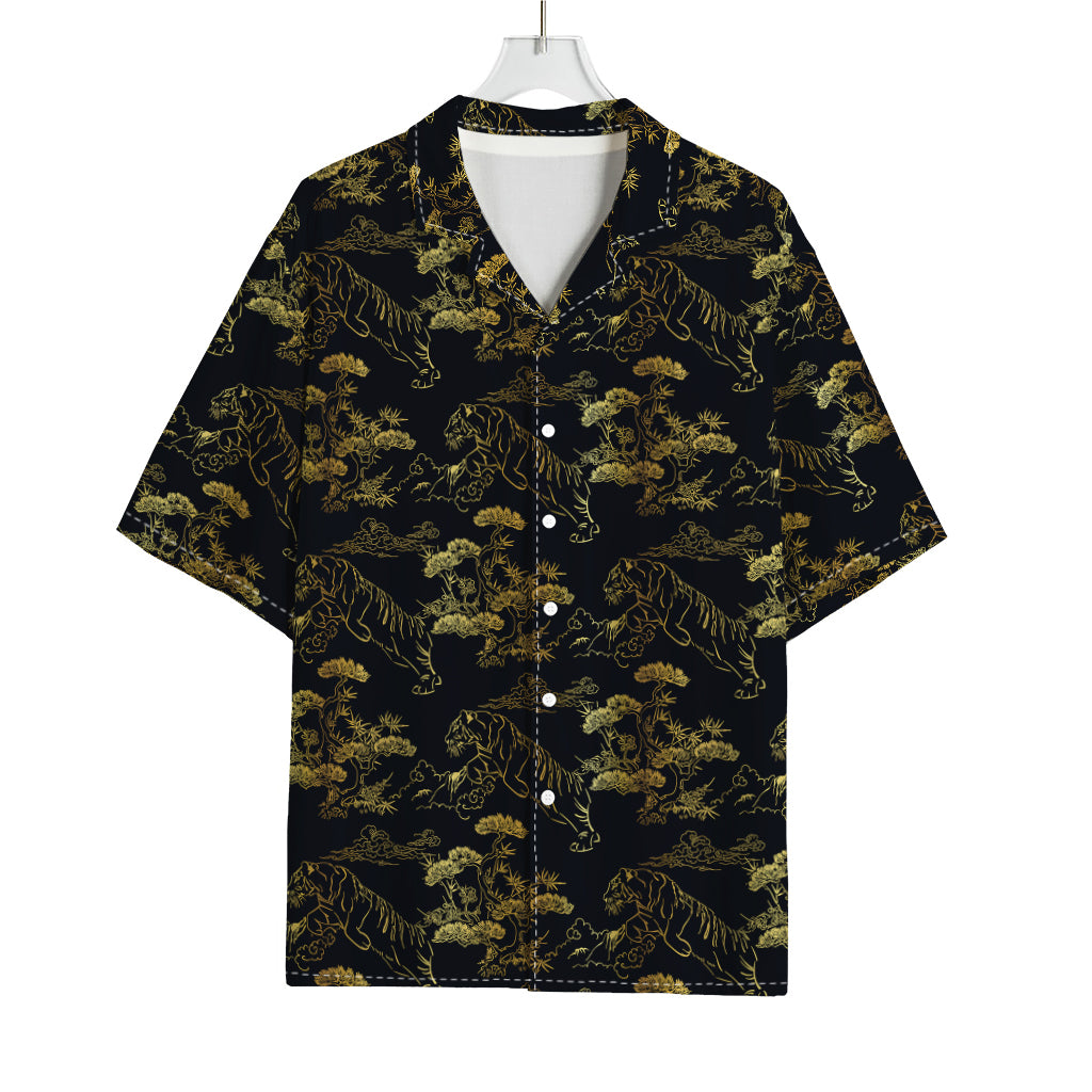 Black And Gold Japanese Tiger Print Rayon Hawaiian Shirt