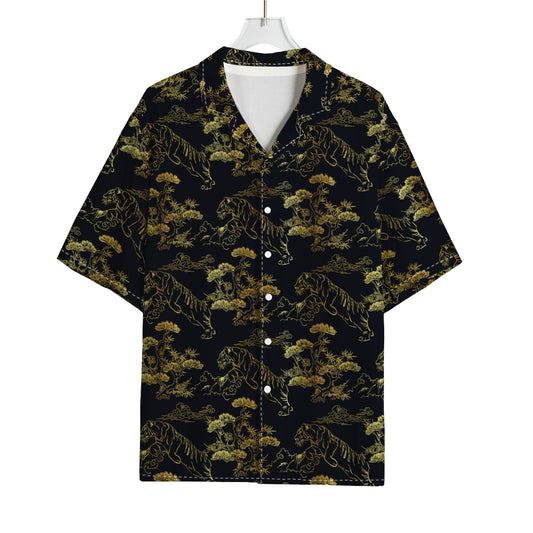 Black And Gold Japanese Tiger Print Rayon Hawaiian Shirt