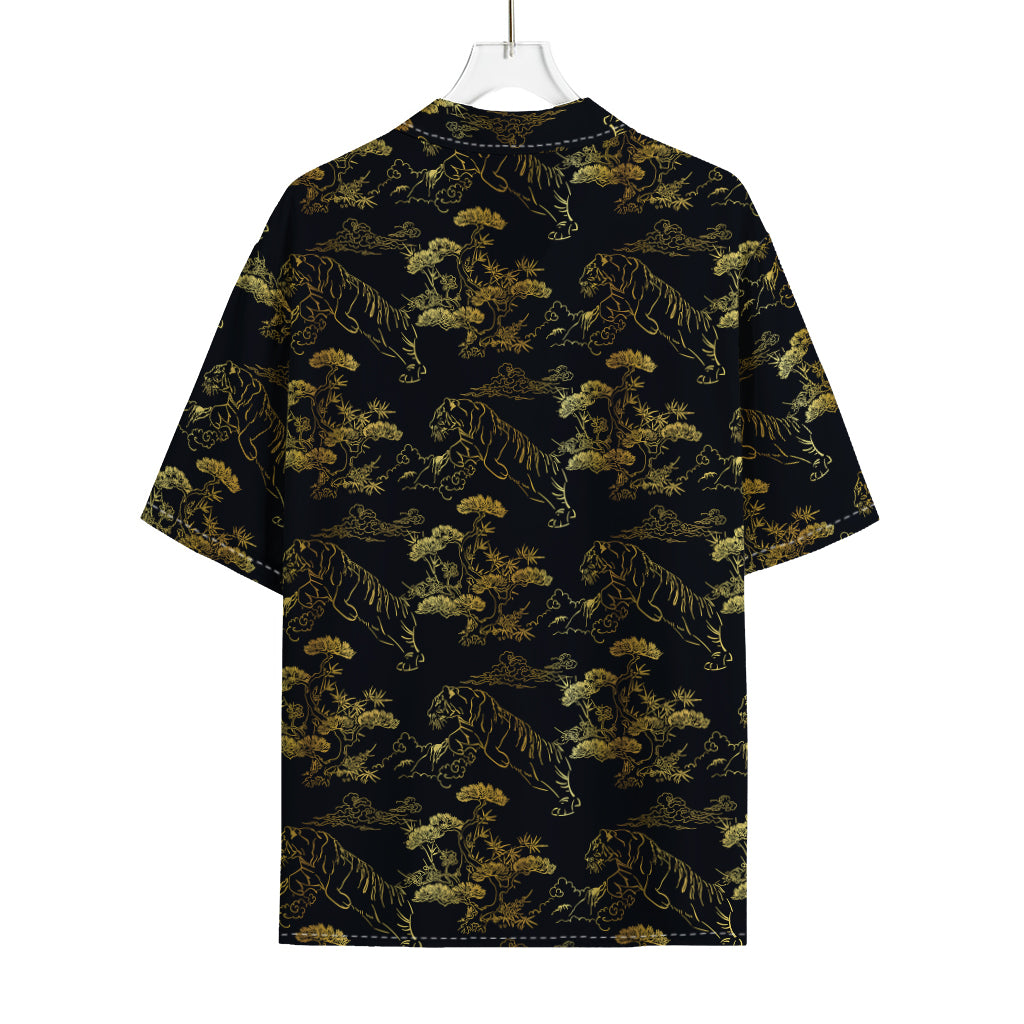Black And Gold Japanese Tiger Print Rayon Hawaiian Shirt