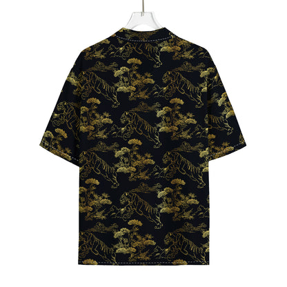 Black And Gold Japanese Tiger Print Rayon Hawaiian Shirt