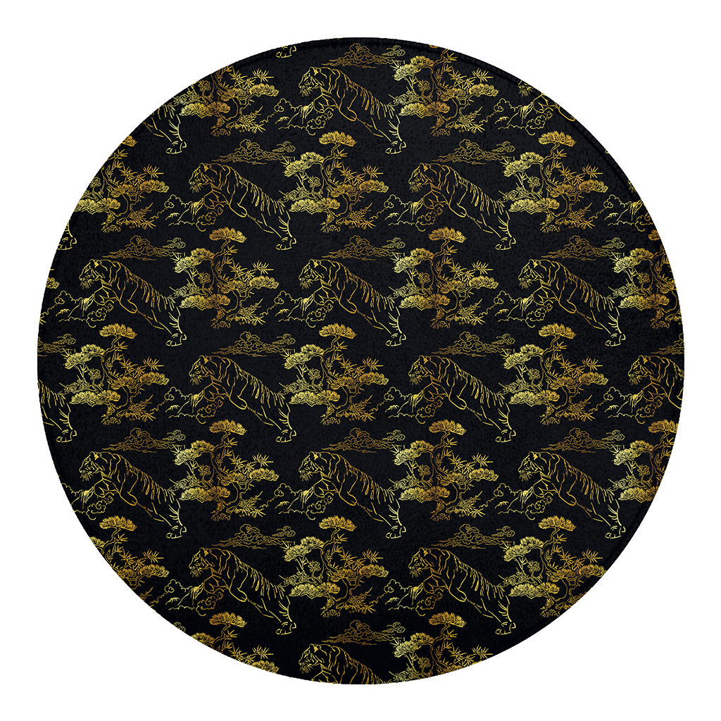 Black And Gold Japanese Tiger Print Round Blanket