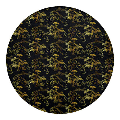 Black And Gold Japanese Tiger Print Round Blanket