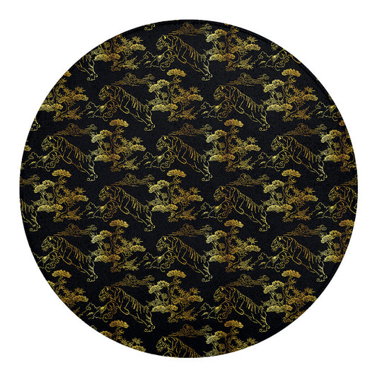 Black And Gold Japanese Tiger Print Round Blanket