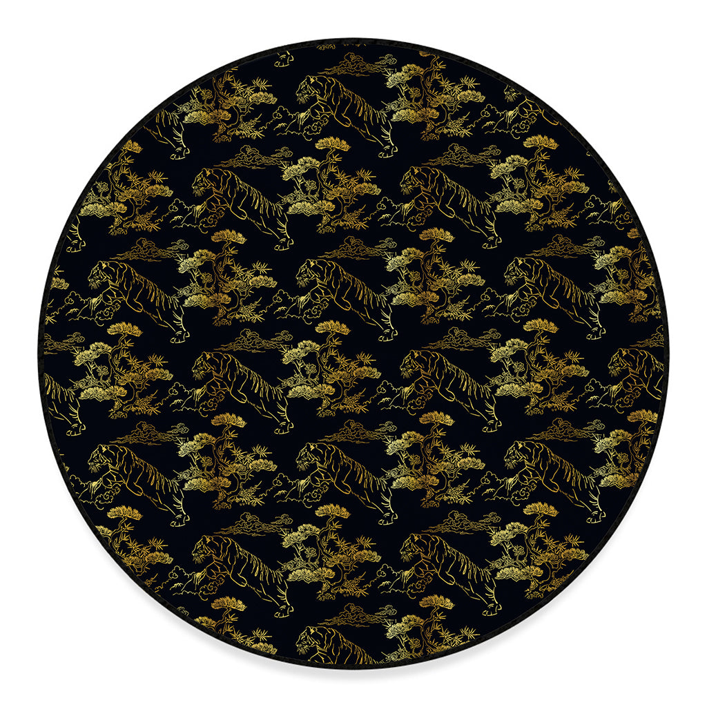Black And Gold Japanese Tiger Print Round Floor Mat