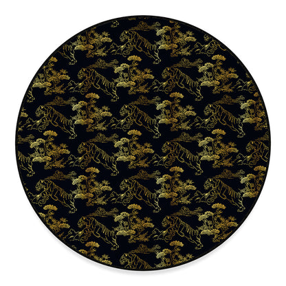 Black And Gold Japanese Tiger Print Round Floor Mat