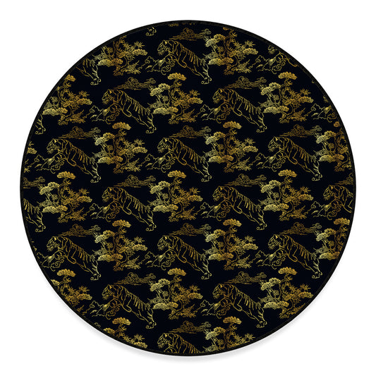 Black And Gold Japanese Tiger Print Round Floor Mat