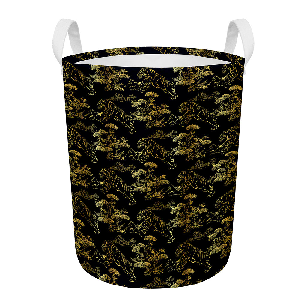 Black And Gold Japanese Tiger Print Round Laundry Basket