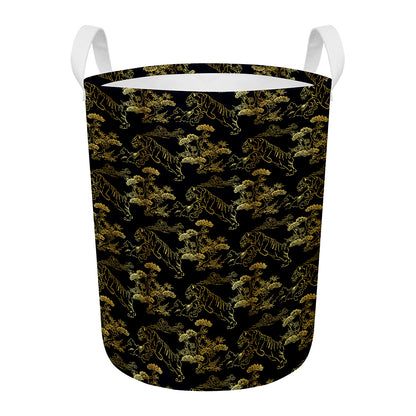 Black And Gold Japanese Tiger Print Round Laundry Basket