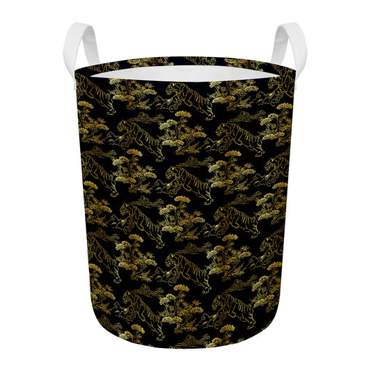 Black And Gold Japanese Tiger Print Round Laundry Basket