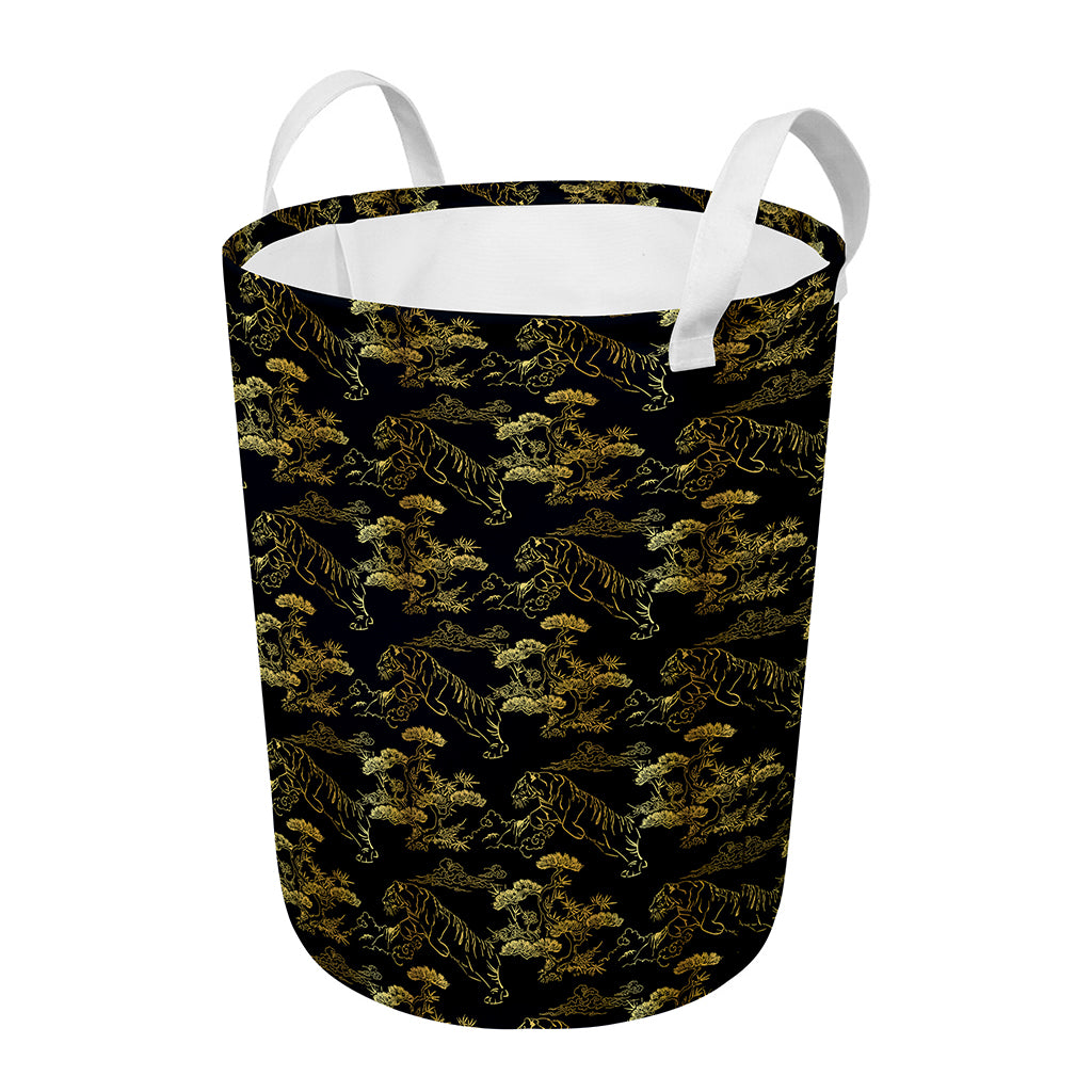 Black And Gold Japanese Tiger Print Round Laundry Basket