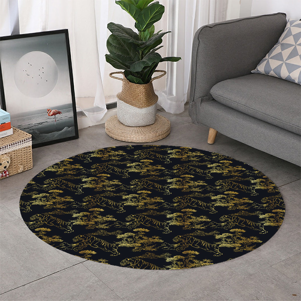 Black And Gold Japanese Tiger Print Round Rug