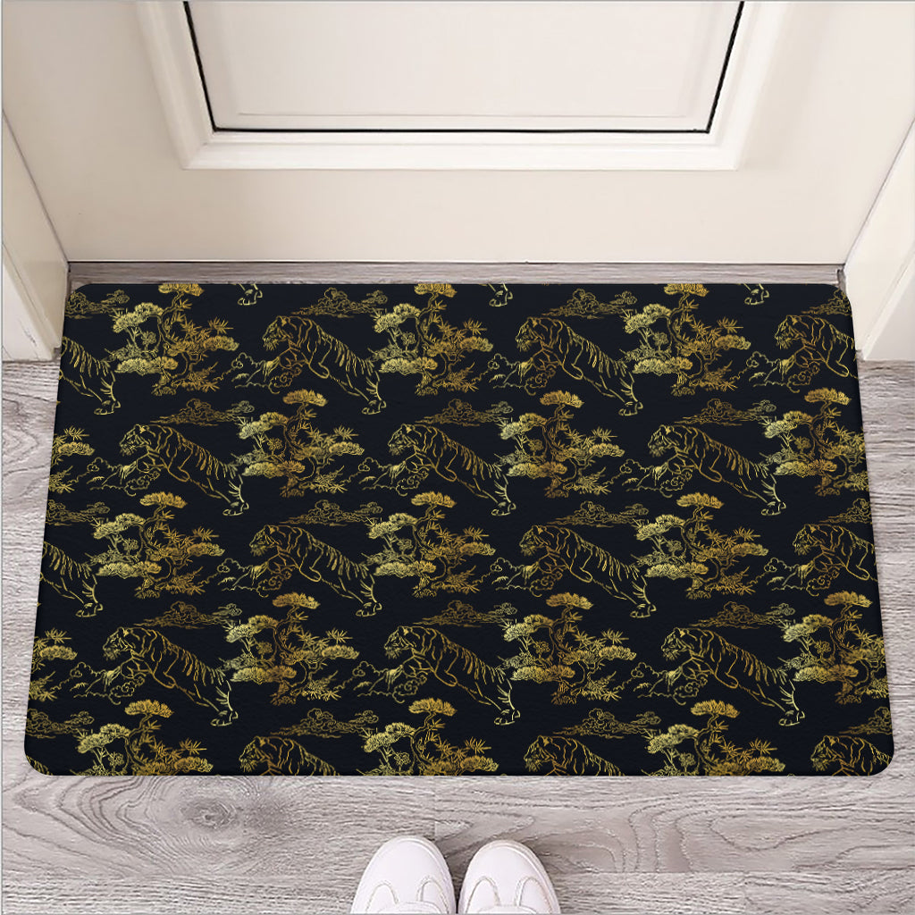 Black And Gold Japanese Tiger Print Rubber Doormat