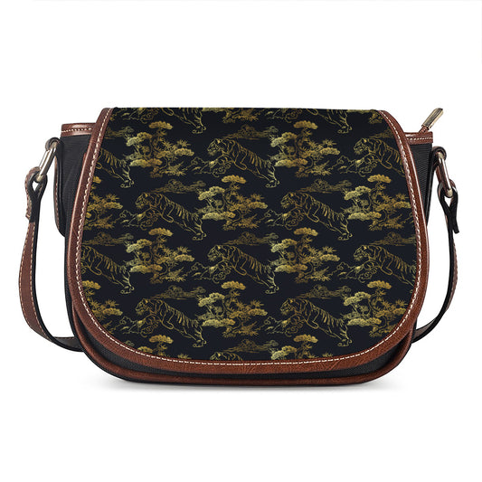 Black And Gold Japanese Tiger Print Saddle Bag