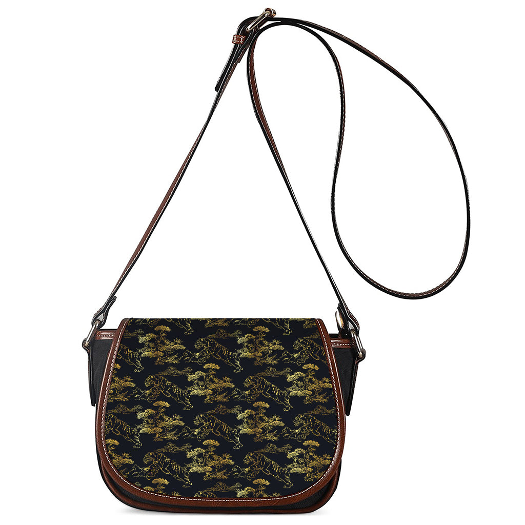 Black And Gold Japanese Tiger Print Saddle Bag
