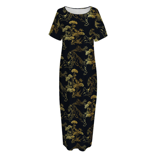 Black And Gold Japanese Tiger Print Short Sleeve Long Nightdress