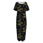 Black And Gold Japanese Tiger Print Short Sleeve Long Nightdress