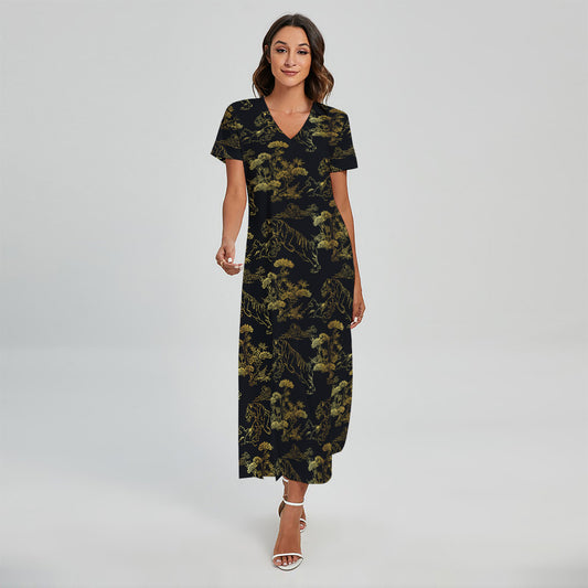 Black And Gold Japanese Tiger Print Short Sleeve Maxi Dress